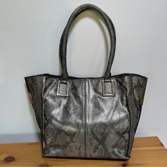 Danier Handbags - Danier | Metallic Snakeskin-Embossed Leather Tote | Structured Everyday Shoulder
